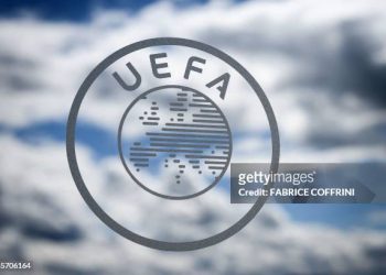 The UEFA logo (Photo by FABRICE COFFRINI/AFP via Getty Images)