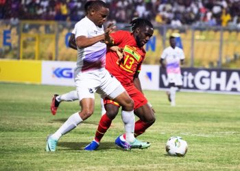 Ghana winger Joseph Paintsil in action against Namibia (white)