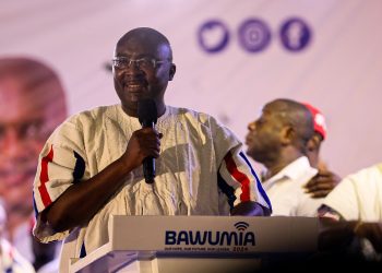TOPSHOT - Mahamudu Bawumia, Vice President of Ghana, delivers a speech after winning the presidential primaries for a new presidential candidate for the New Patriotic Party NPP in Accra on November 4, 2023. Ghana's ruling NPP party on November 4, 2023 elected the country's Vice President Mahamudu Bawumia as their candidate for the 2024 presidential ballot, according to results from primaries released by the electoral commission (Photo by Nipah Dennis / AFP) (Photo by NIPAH DENNIS/AFP via Getty Images)