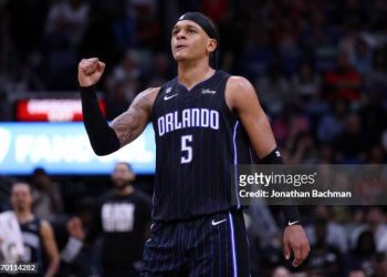 Paolo Banchero #5 of the Orlando Magic celebrates during the second half against the New Orleans Pelicans (Photo by Jonathan Bachman/Getty Images)