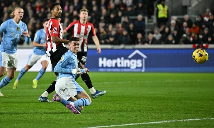 Foden scores one of three goals in a 3-1 Man City win over Brentford Photo Courtesy: Getty Images