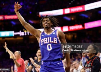 Tyrese Maxey #0 of the Philadelphia 76ers celebrates after scoring (Photo by Tim Nwachukwu/Getty Images)