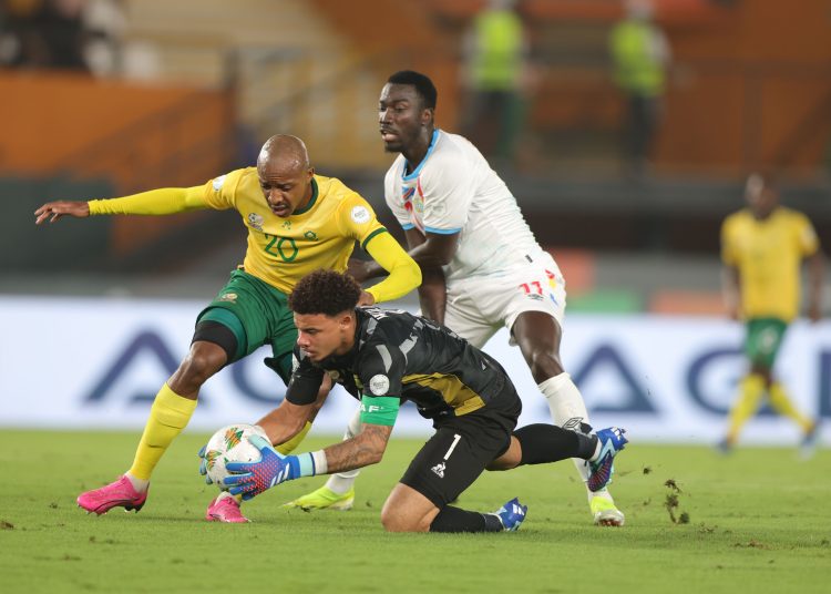 South Africa in action against DR Congo (white) Photo Courtesy: CAF