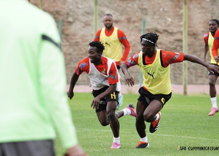 Osman Bukari (left) and Alidu Seidu train ahead of Black Stars friendly game against Nigeria