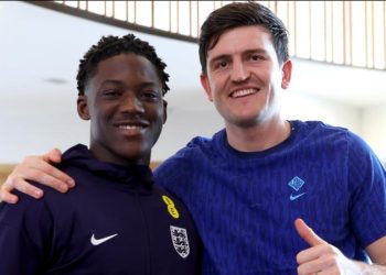Mainoo with Man United teammate Harry Maguire at England Camp Photo Courtesy: