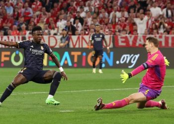 Vinicius Jr scores against Bayern Munich in UCL semifinal first leg Photo Courtesy: Getty Images