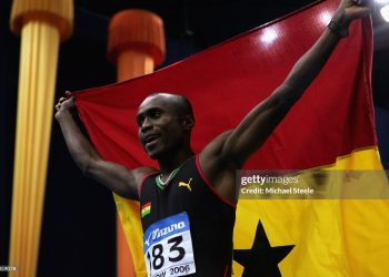 MOSCOW - MARCH 11:  Ignisious Gaisah of Ghana on celebrates winning gold in the men's long jump final during the 11th Iaaf World Indoor Championships, Day Two, at the Olympiyskiy Stadium on March 11,2006 in Moscow, Russia.  (Photo by Michael Steele/Getty Images)