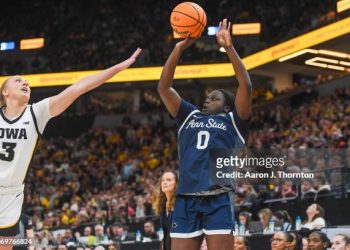 MARCH 08: Ashley Owusu #0 of the Penn State Lady Lions attempts a shot (Photo by Aaron J. Thornton/Getty Images)