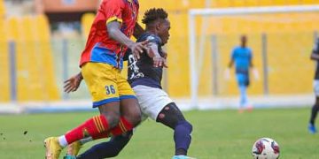 Hearts of Oak (red and yellow) in action against Accra Lions Photo Courtesy: Ghana Premier League