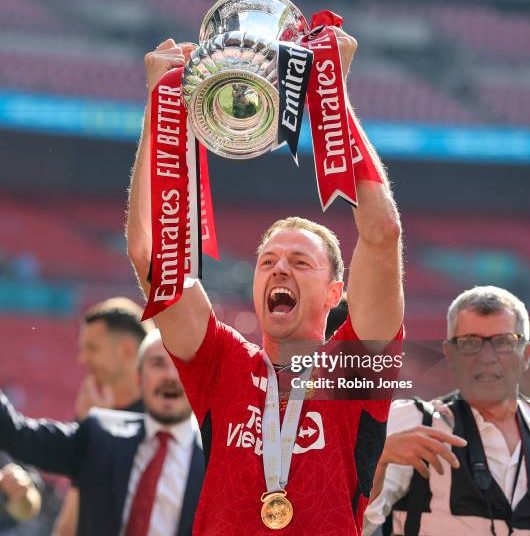 Jonny Evans of Manchester United after his sides 2-1 win during the Emirates FA Cup Final match between Manchester City and Manchester United at Wembley Stadium on May 25, 2024 in London, England.(Photo by Robin Jones/Getty Images)