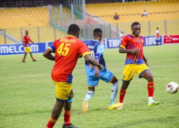 Nations FC (blue) in action against Hearts of Oak Photo Courtesy: Ghana League on X