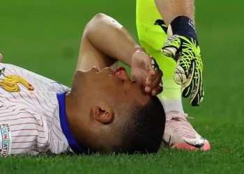 Kylian Mbappe suffered a bloodied nose Photo Courtesy: Reuters