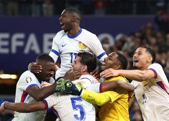 France celebrate qualification to 2024 Euros semis Photo Courtesy: Getty Images