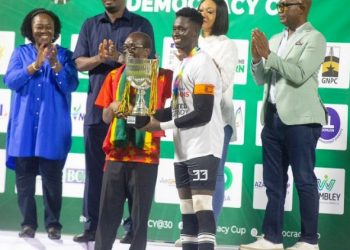 Kotoko Captain Frederick Asare receives Democracy Cup from Ghana Speaker of Parliament Alban Bagbin Photo Courtesy: Kumasi Asante Kotoko