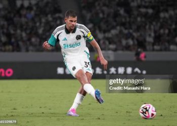 Bruno Guimaraes of Newcastle United in action during the J.LEAGUE International Series 2024 powered by docomo match between Yokohama F•Marinos and Newcastle United at Nissan Stadium on August 03, 2024 in Yokohama, Kanagawa, Japan. (Photo by Masashi Hara/Getty Images)
