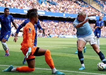 Erling Haaland scores against Chelsea Photo Courtesy: Reuters