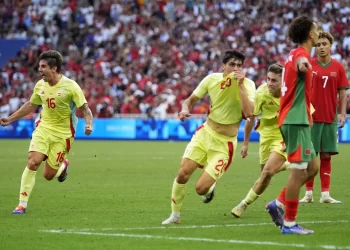 Juanlu Sanchez celebrates goal against Morocco in 2024 Olympics Photo Courtesy: AP