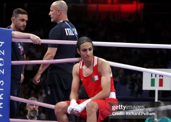 Imane Khelif of Team Algeria looks on after Angela Carini of Team Italy abandons the Women's 66kg preliminary round match in the first round on day six of the Olympic Games Paris 2024 at North Paris Arena on August 01, 2024 in Paris, France. (Photo by Richard Pelham/Getty Images)