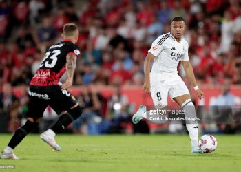 Kylian Mbappe of Real Madrid  during the LaLiga EA Sports  match between Real Mallorca v Real Madrid at the Visit Mallorca Estadi on August 18, 2024 in Palma de Mallorca Spain (Photo by Rico Brouwer/Soccrates/Getty Images)