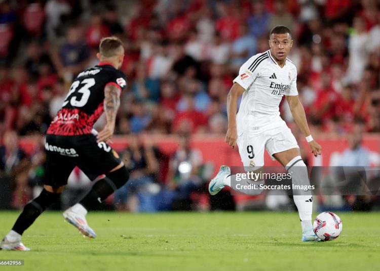 Kylian Mbappe of Real Madrid  during the LaLiga EA Sports  match between Real Mallorca v Real Madrid at the Visit Mallorca Estadi on August 18, 2024 in Palma de Mallorca Spain (Photo by Rico Brouwer/Soccrates/Getty Images)