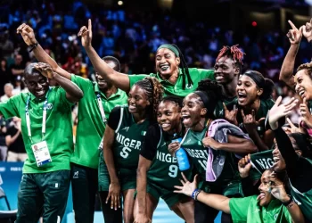 Nigeria Women's Basketball Team celebrate qualification to 2024 Olympics Quarterfinals Photo Courtesy: Olympics.com
