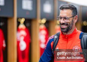 MANCHESTER, ENGLAND - AUGUST 16:  Manchester United Coach Ruud van Nistelrooy reacts prior to the Premier League match between Manchester United FC and Fulham FC at Old Trafford on August 16, 2024 in Manchester, United Kingdom. (Photo by Ash Donelon/Manchester United via Getty Images)