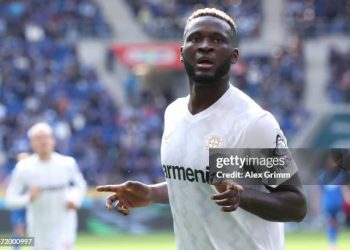 Victor Boniface of Leverkusen (Photo by Alex Grimm/Getty Images)