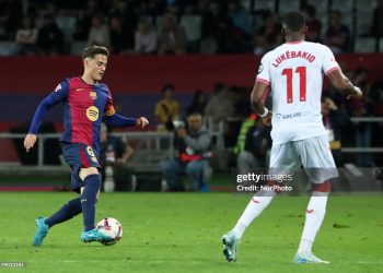 Gavi plays during the match between FC Barcelona and Sevilla FC, corresponding to week 10 of LaLiga EA Sports, at the Lluis Companys Stadium in Barcelona, Spain, on October 20, 2024. (Photo by Joan Valls/Urbanandsport/NurPhoto via Getty Images) (Photo by Urbanandsport/NurPhoto via Getty Images)