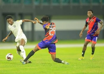 Shot from Accra Lions (white) game against Legon Cities Photo Courtesy: @GhanaLeague on X