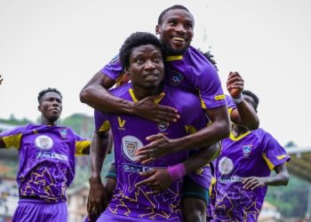 Bernardinho Osah Tetteh celebrates goal against Nations FC Photo Courtesy: Medeama