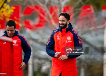 Ruben Amorim, Manager of Manchester United reacts during the Manchester United training session at Carrington Training Ground on November 18, 2024 in Manchester, England. (Photo by Ash Donelon/Manchester United via Getty Images)