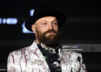 Tyson Fury looks on ahead of the IBF, IBO, WBA, WBC and WBO Undisputed World Heavyweight Title fight between Oleksandr Usyk and Tyson Fury during a press conference as part of Oleksandr Usyk v Tyson Fury 2 at Via Riyadh on December 19, 2024 in Riyadh, Saudi Arabia. (Photo by Richard Pelham/Getty Images)