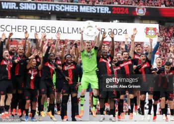 Lukas Hradecky of Bayer Leverkusen, lifts the Meisterschale of Bundesliga trophy  Augsburg at BayArena on May 18, 2024  (Photo by Alex Grimm/Getty Images)