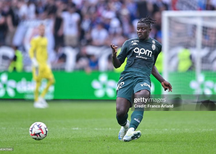 Mohammed Salisu of Monaco passes the ball during the Ligue 1 match between Olympique Lyonnais and AS Monaco at Groupama Stadium on August 24, 2024 in Lyon, France. (Photo by Franco Arland/Getty Images)