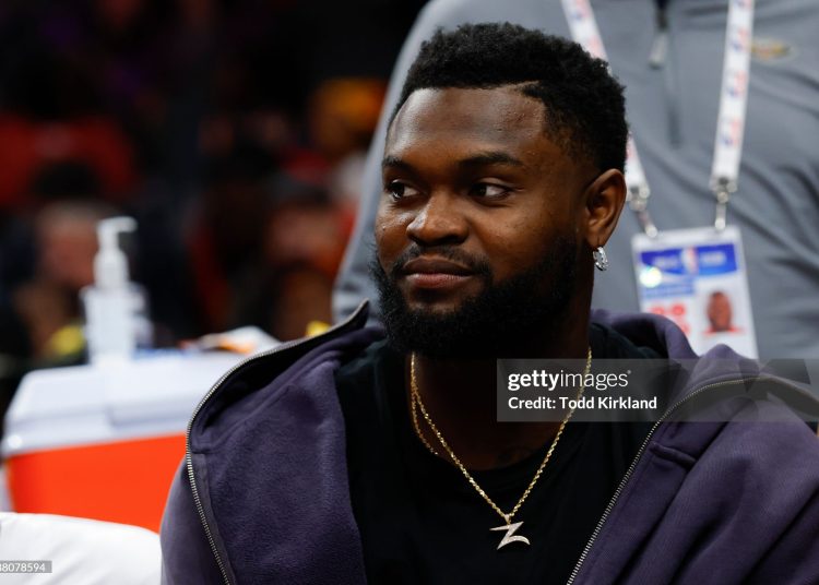Zion Williamson #1 of the New Orleans Pelicans looks on from the bench during the fourth quarter against the Atlanta Hawks at State Farm Arena on December 2, 2024 in Atlanta, Georgia. NOTE TO USER: User expressly acknowledges and agrees that, by downloading and or using this photograph, User is consenting to the terms and conditions of the Getty Images License Agreement. (Photo by Todd Kirkland/Getty Images)