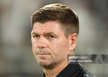 Steven Gerrard coach of Al Ettifaq looks on during the Saudi Pro League match between Al-Shabab and Al Ettifaq at Al-Shabab Club Stadium on August 24, 2024 in Riyadh, Saudi Arabia.  (Photo by Yasser Bakhsh/Getty Images)