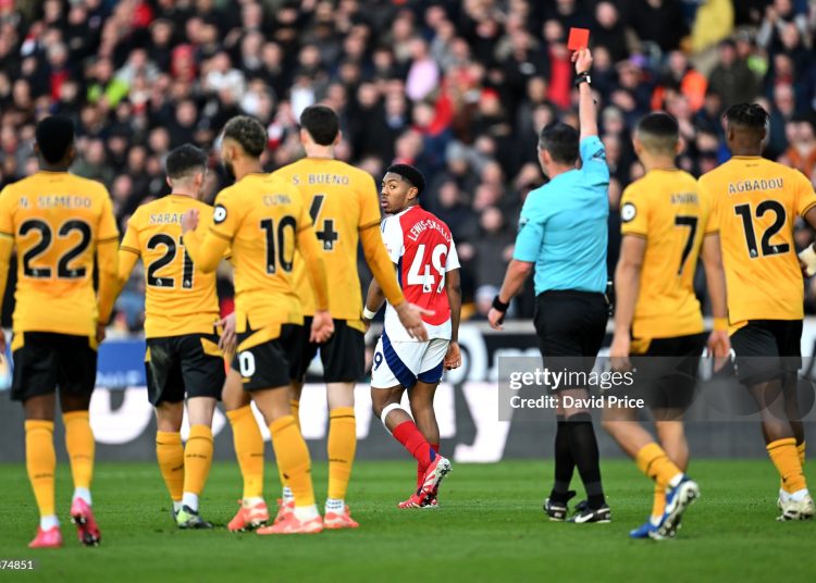 Myles Lewis-Skelly of Arsenal reacts after being shown a red card by Referee Michael Oliver during Premier League match (Photo by David Price/Arsenal FC via Getty Images)