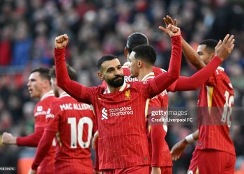 Mohamed Salah of Liverpool celebrates scoring his team's second goal during the Premier League match between Liverpool FC and Ipswich Town FC at Anfield on January 25, 2025 in Liverpool, England. (Photo by Liverpool FC/Liverpool FC via Getty Images)
