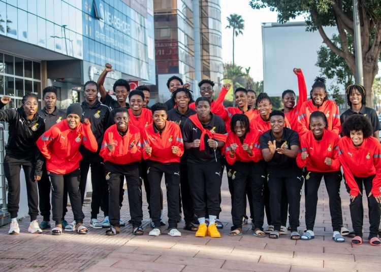 Black Queens players huddled together for a photo ahead of Morocco clash