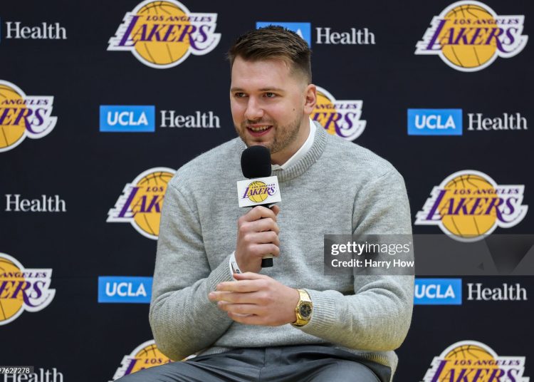 Luka Doncic, formerly of the Dallas Mavericks, speaks at a press conference introducing him as a new member of the Los Angeles Lakers  (Photo by Harry How/Getty Images)