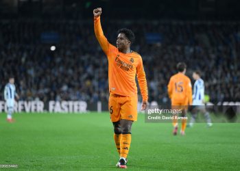 Endrick of Real Madrid celebrates scoring his team's goal (Photo by David Ramos/Getty Images)