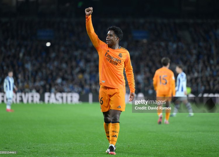 Endrick of Real Madrid celebrates scoring his team's goal (Photo by David Ramos/Getty Images)