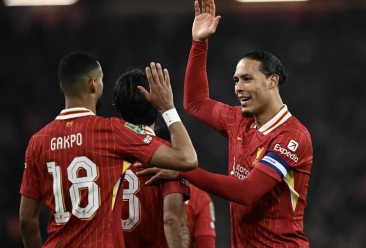 Virgil Van Dijk leads Liverpool goal celebrations Photo Courtesy: Reuters