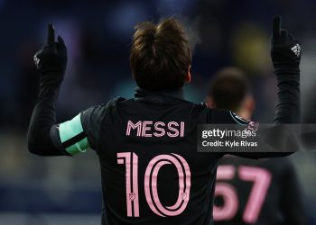 Lionel Messi of Inter Miami celebrates after scoring   (Photo by Kyle Rivas/Getty Images)