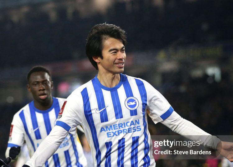 Kaoru Mitoma of Brighton & Hove Albion celebrates scoring his team's second goal during the Emirates FA Cup Fourth Round match between Brighton & Hove Albion and Chelsea at Amex Stadium on February 08, 2025 in Brighton, England. (Photo by Steve Bardens/Getty Images)