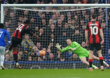 Antoine Semenyo scores penalty against Everton Photo Courtesy: PA Media