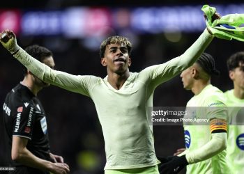 Lamine Yamal of Barcellona celebrates his goal during The LaLiga match between Atletico de Madrid v FC Barcelona (Photo by Image Photo Agency/Getty Images)