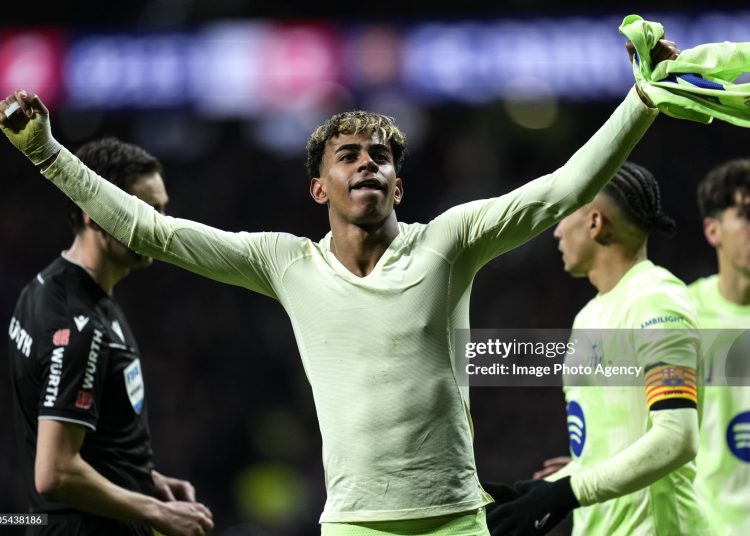 Lamine Yamal of Barcellona celebrates his goal during The LaLiga match between Atletico de Madrid v FC Barcelona (Photo by Image Photo Agency/Getty Images)