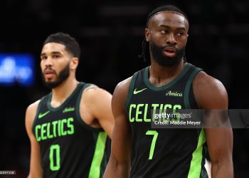Jaylen Brown #7 of the Boston Celtics and Jayson Tatum #0 (Photo by Maddie Meyer/Getty Images)