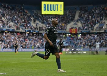 Le Havre's French forward #28 Andre Ayew celebrates goal (Photo by LOU BENOIST/AFP via Getty Images)